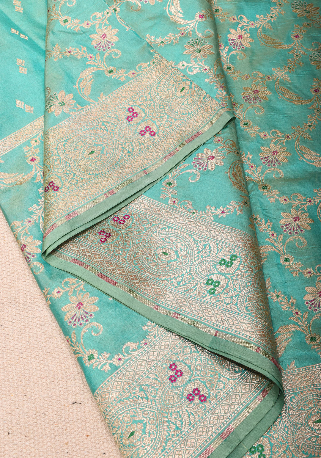 Turquoise Banarasi Katan Silk Saree with Zari Butti with Meenakeri jaal skirt border | SILK MARK CERTIFIED