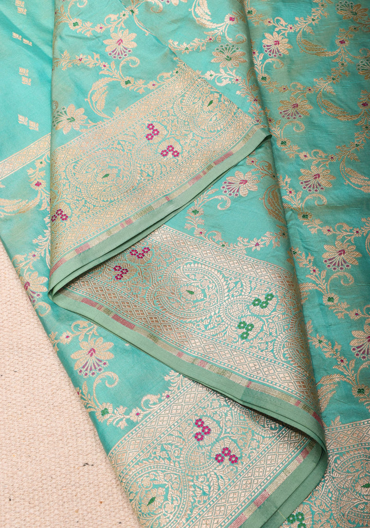Turquoise Banarasi Katan Silk Saree with Zari Butti with Meenakeri jaal skirt border | SILK MARK CERTIFIED