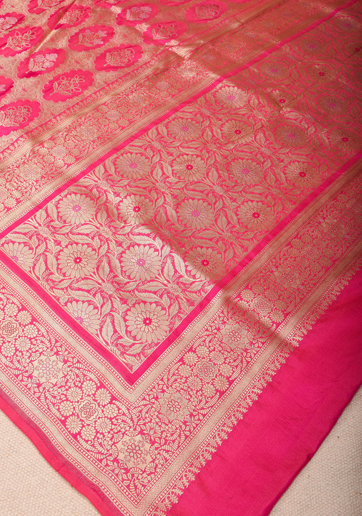 Pink Banarasi Meenakari floral Brocade Katan Silk Saree with Zari Border | SILK MARK CERTIFIED
