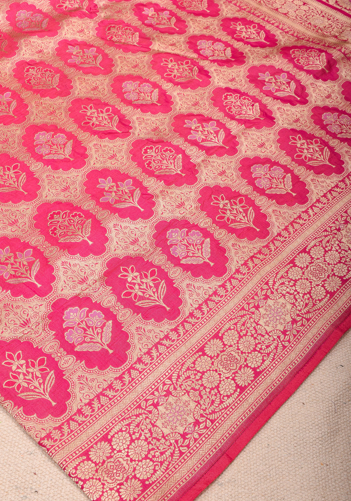 Pink Banarasi Meenakari floral Brocade Katan Silk Saree with Zari Border | SILK MARK CERTIFIED