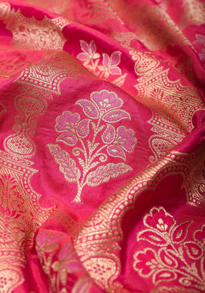 Pink Banarasi Meenakari floral Brocade Katan Silk Saree with Zari Border | SILK MARK CERTIFIED