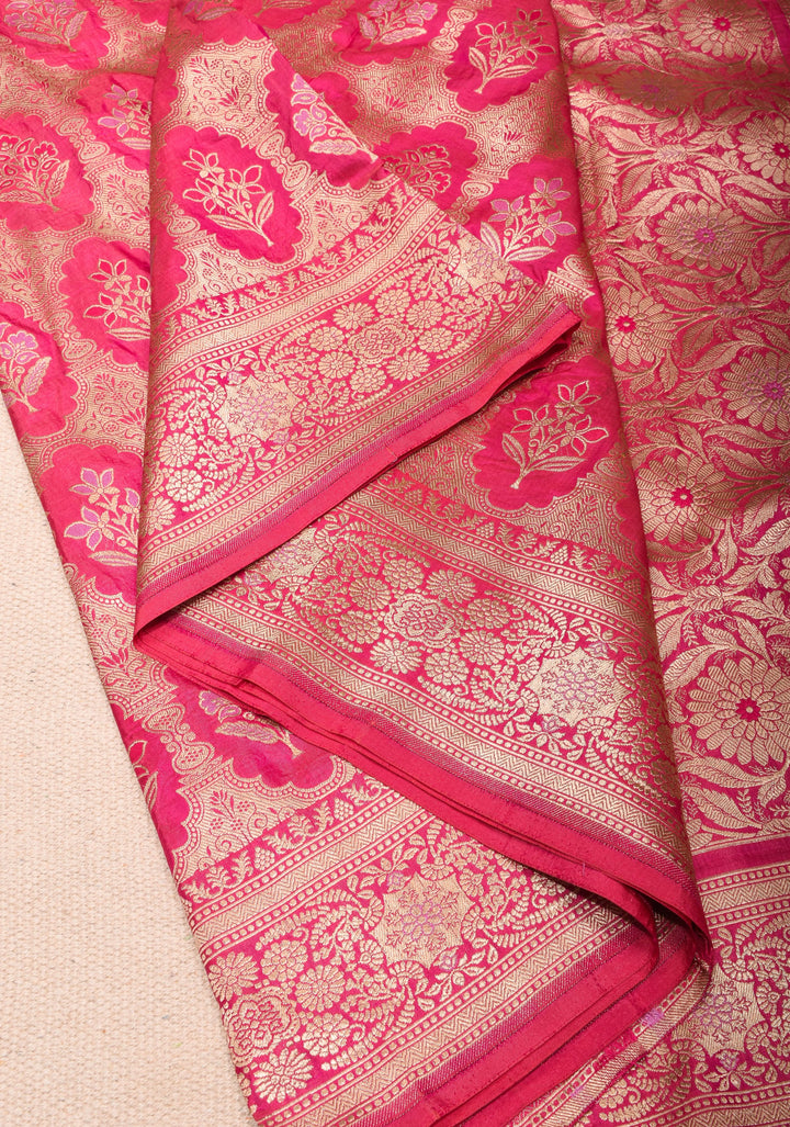 Pink Banarasi Meenakari floral Brocade Katan Silk Saree with Zari Border | SILK MARK CERTIFIED