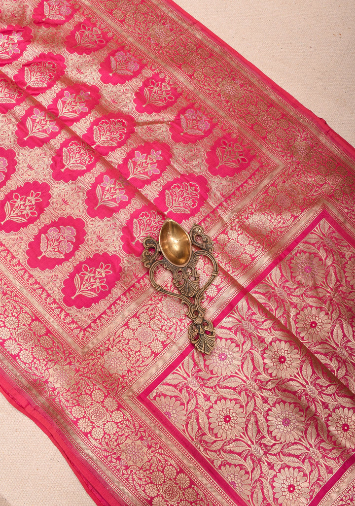 Pink Banarasi Meenakari floral Brocade Katan Silk Saree with Zari Border | SILK MARK CERTIFIED