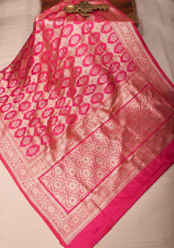 Pink Banarasi Meenakari floral Brocade Katan Silk Saree with Zari Border | SILK MARK CERTIFIED