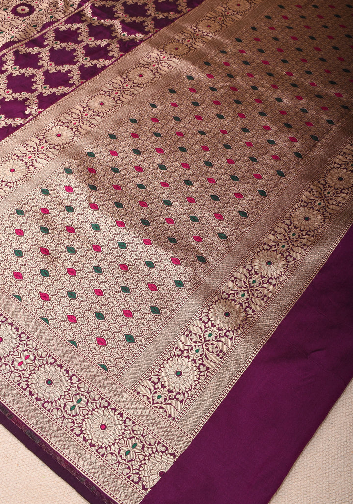 Magenta Pure Katan Silk saree with Trendy Jharokha Meenakari design and Zari borders | SILK MARK CERTIFIED