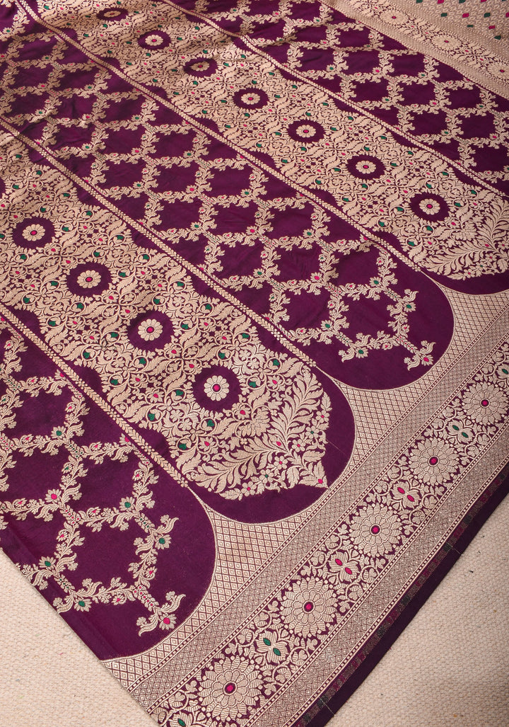 Magenta Pure Katan Silk saree with Trendy Jharokha Meenakari design and Zari borders | SILK MARK CERTIFIED