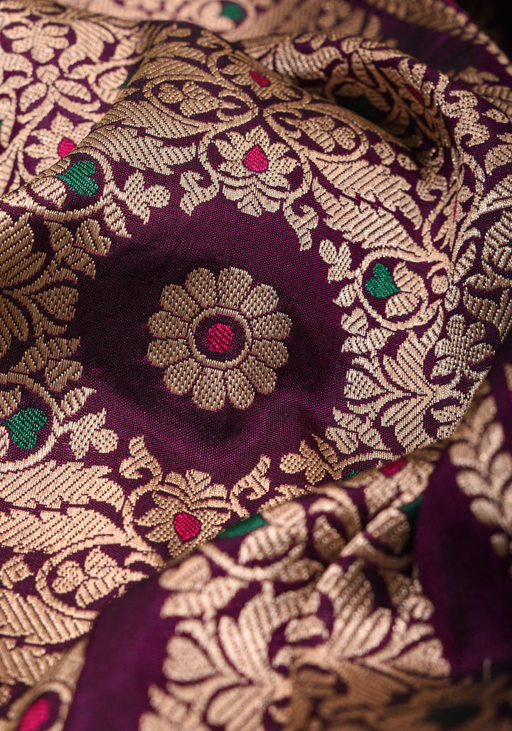 Magenta Pure Katan Silk saree with Trendy Jharokha Meenakari design and Zari borders | SILK MARK CERTIFIED