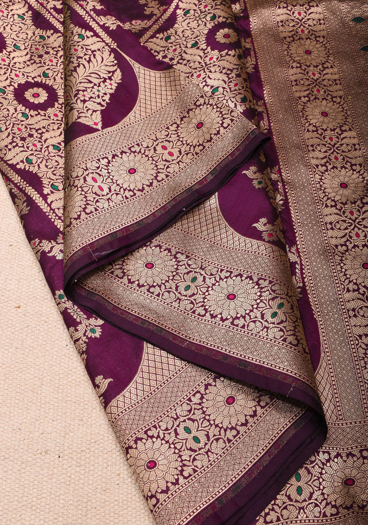 Magenta Pure Katan Silk saree with Trendy Jharokha Meenakari design and Zari borders | SILK MARK CERTIFIED
