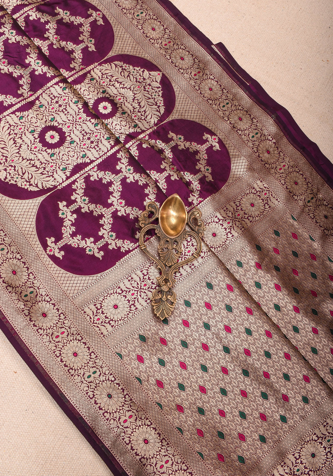 Magenta Pure Katan Silk saree with Trendy Jharokha Meenakari design and Zari borders | SILK MARK CERTIFIED