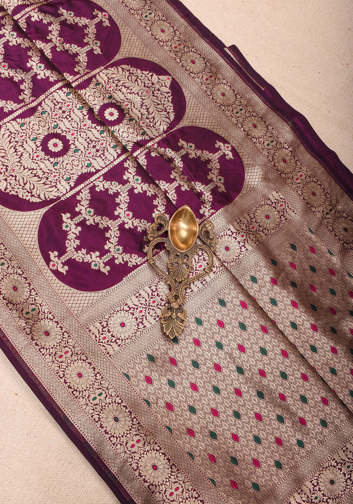 Magenta Pure Katan Silk saree with Trendy Jharokha Meenakari design and Zari borders | SILK MARK CERTIFIED