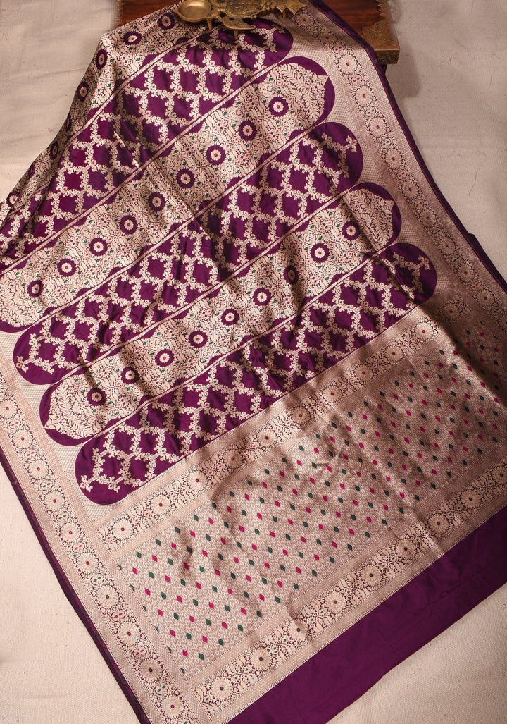 Magenta Pure Katan Silk saree with Trendy Jharokha Meenakari design and Zari borders | SILK MARK CERTIFIED