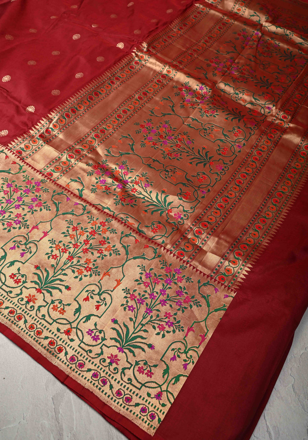 Maroon  Banarasi Pure Katan Silk Saree with Zari Buttas and Paithani Style Borders | SILK MARK CERTIFIED