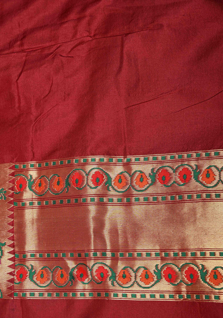 Maroon  Banarasi Pure Katan Silk Saree with Zari Buttas and Paithani Style Borders | SILK MARK CERTIFIED