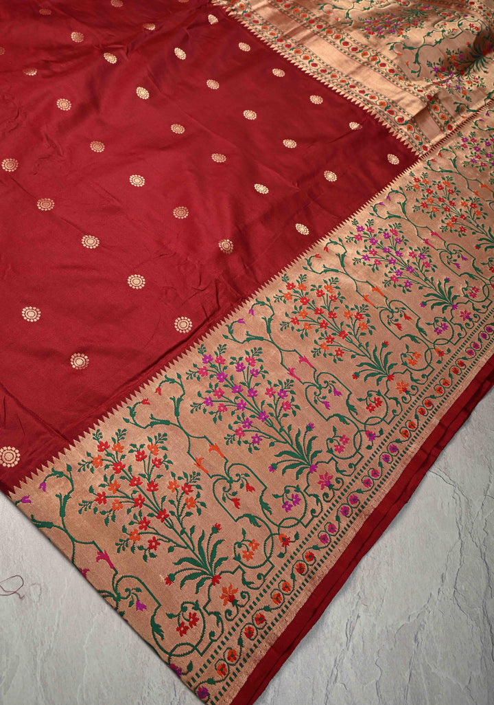 Maroon  Banarasi Pure Katan Silk Saree with Zari Buttas and Paithani Style Borders | SILK MARK CERTIFIED