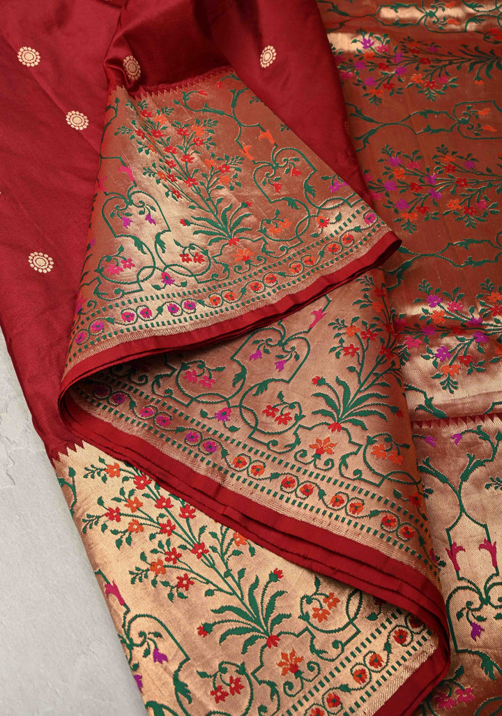 Maroon  Banarasi Pure Katan Silk Saree with Zari Buttas and Paithani Style Borders | SILK MARK CERTIFIED