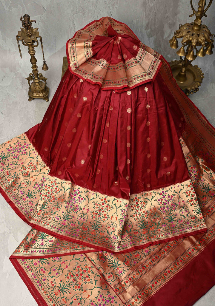 Maroon  Banarasi Pure Katan Silk Saree with Zari Buttas and Paithani Style Borders | SILK MARK CERTIFIED