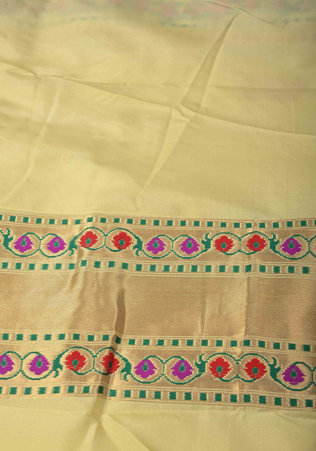 Beige Pure Banarasi Katan Silk Saree with Zari motifs & Paithani Style Borders | SILK MARK CERTIFIED