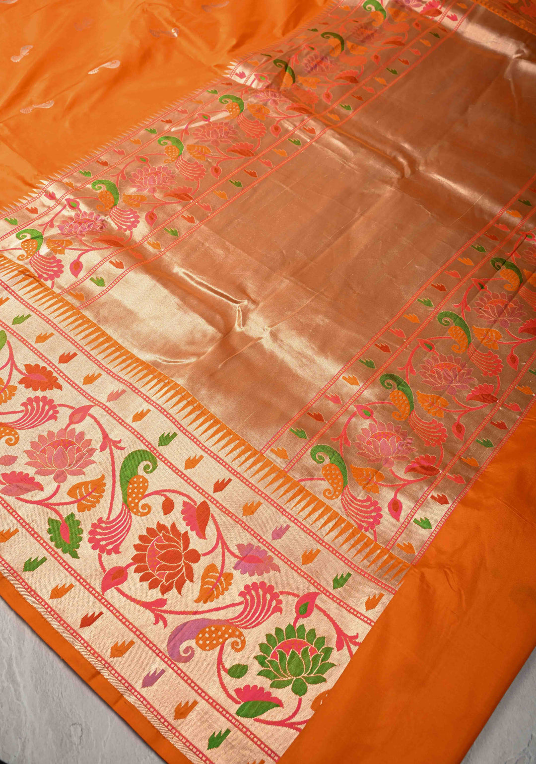 Vivid Orange Pure Banarasi Katan Silk Saree with Peacock Butta and Paithani Style Borders | SILK MARK CERTIFIED