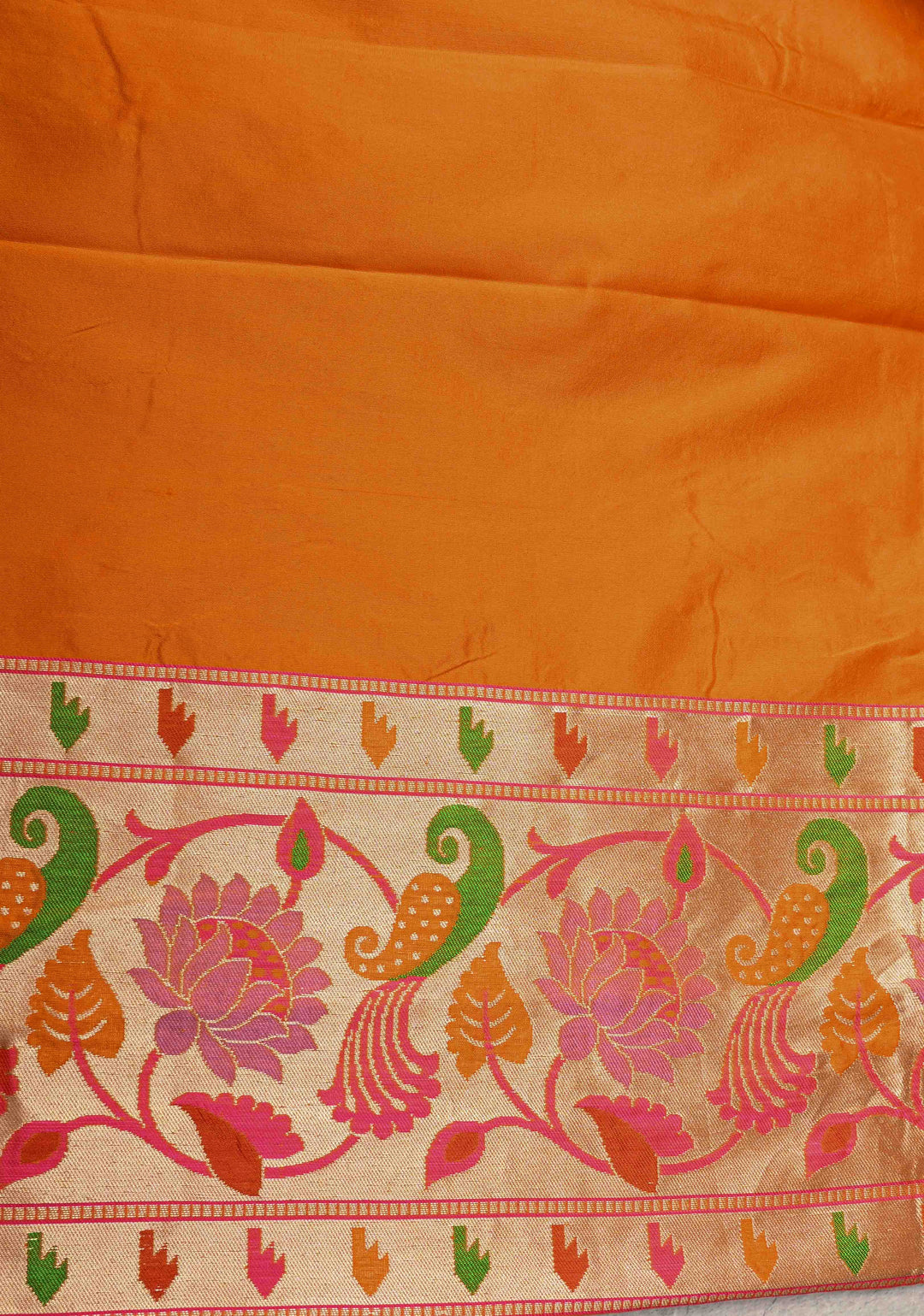 Vivid Orange Pure Banarasi Katan Silk Saree with Peacock Butta and Paithani Style Borders | SILK MARK CERTIFIED