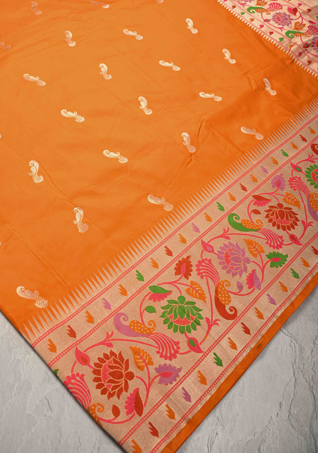 Vivid Orange Pure Banarasi Katan Silk Saree with Peacock Butta and Paithani Style Borders | SILK MARK CERTIFIED