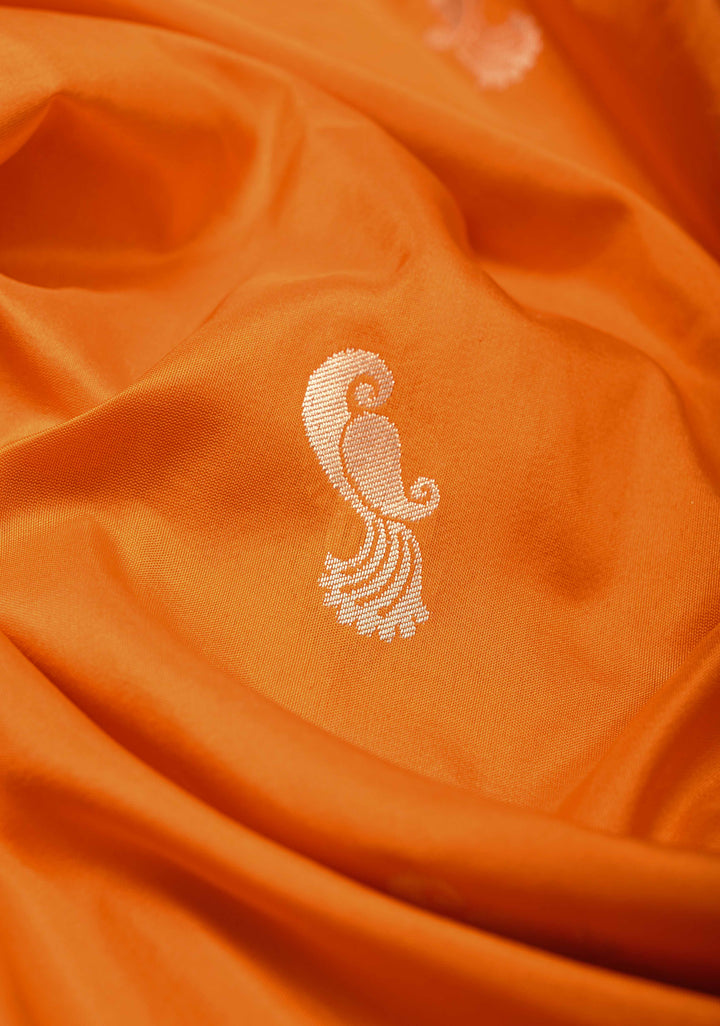Vivid Orange Pure Banarasi Katan Silk Saree with Peacock Butta and Paithani Style Borders | SILK MARK CERTIFIED