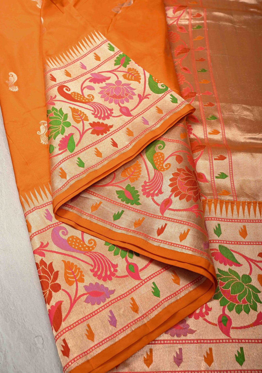 Vivid Orange Pure Banarasi Katan Silk Saree with Peacock Butta and Paithani Style Borders | SILK MARK CERTIFIED