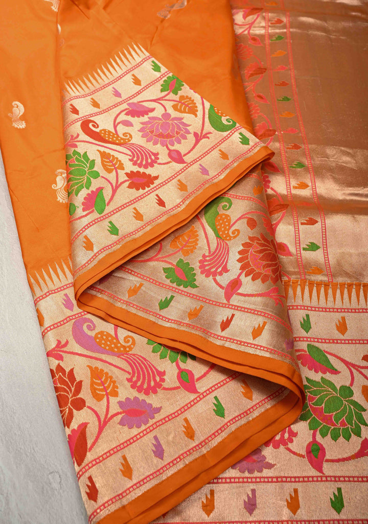 Vivid Orange Pure Banarasi Katan Silk Saree with Peacock Butta and Paithani Style Borders | SILK MARK CERTIFIED