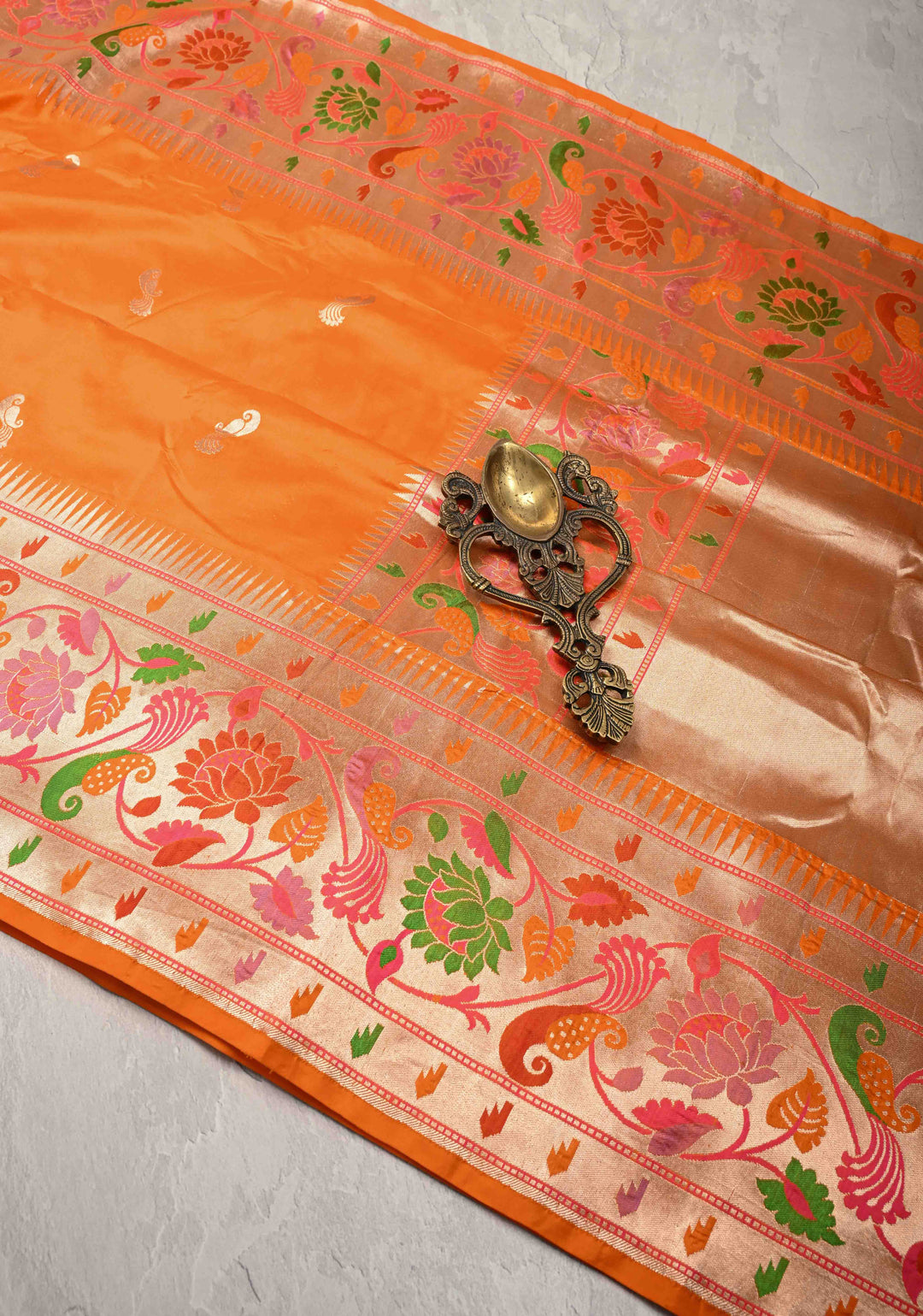 Vivid Orange Pure Banarasi Katan Silk Saree with Peacock Butta and Paithani Style Borders | SILK MARK CERTIFIED