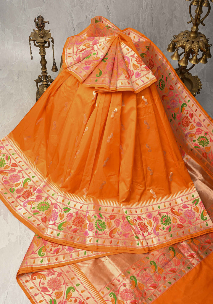 Vivid Orange Pure Banarasi Katan Silk Saree with Peacock Butta and Paithani Style Borders | SILK MARK CERTIFIED