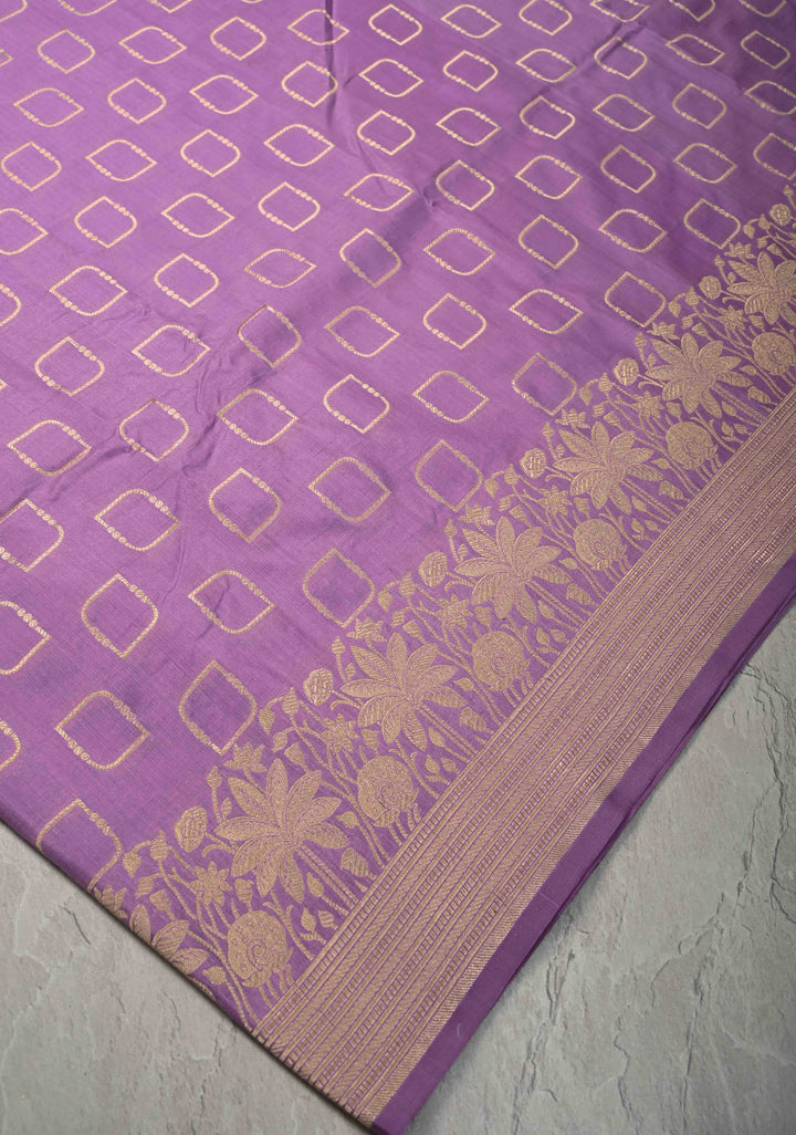 Lavender Banarasi Pure Katan Silk Saree with Geometric Buttas and Floral Zari Borders | SILK MARK CERTIFIED