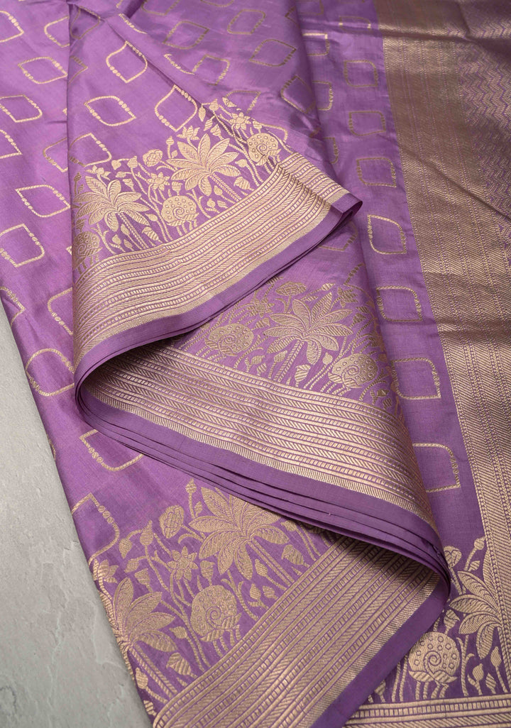 Lavender Banarasi Pure Katan Silk Saree with Geometric Buttas and Floral Zari Borders | SILK MARK CERTIFIED