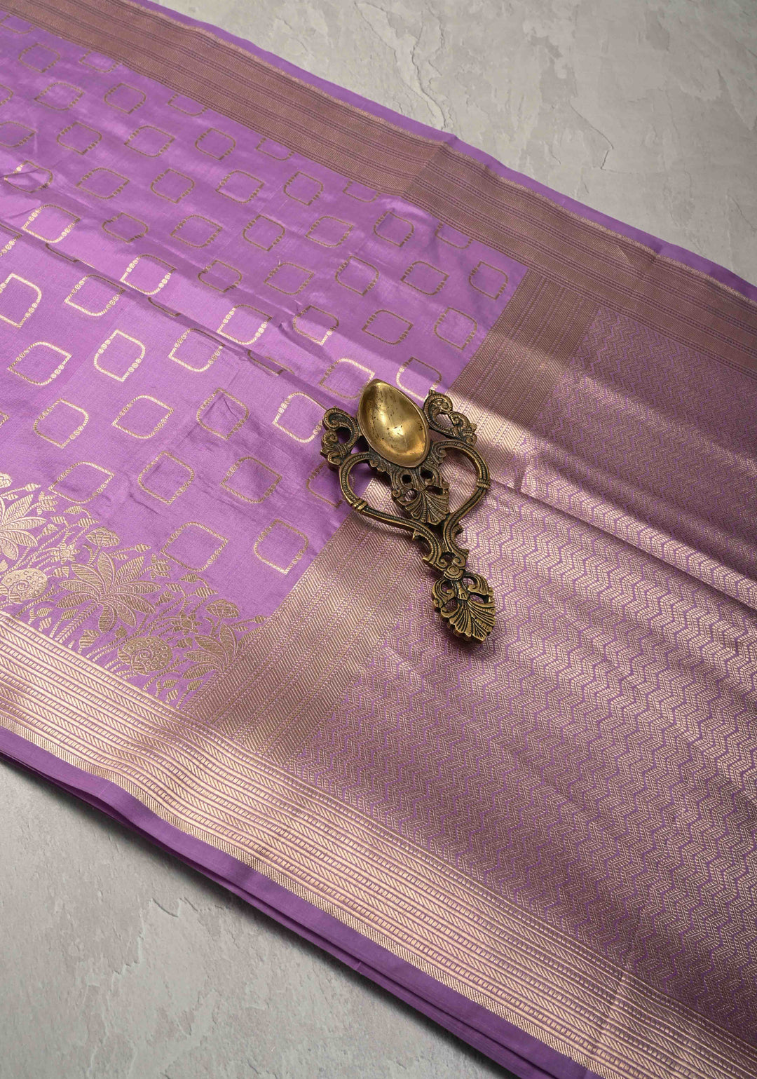 Lavender Banarasi Pure Katan Silk Saree with Geometric Buttas and Floral Zari Borders | SILK MARK CERTIFIED