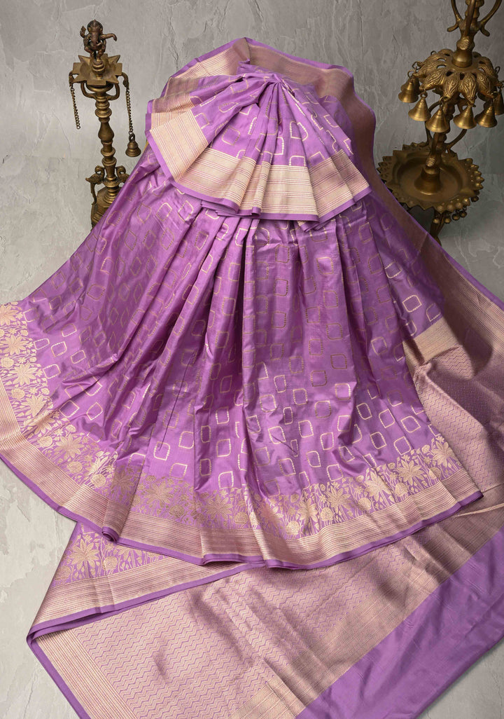 Lavender Banarasi Pure Katan Silk Saree with Geometric Buttas and Floral Zari Borders | SILK MARK CERTIFIED