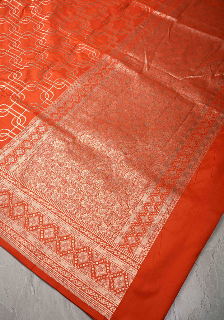 Orange Banarasi Katan Silk Saree with Trellis Brocade and Zari Borders | SILK MARK CERTIFIED
