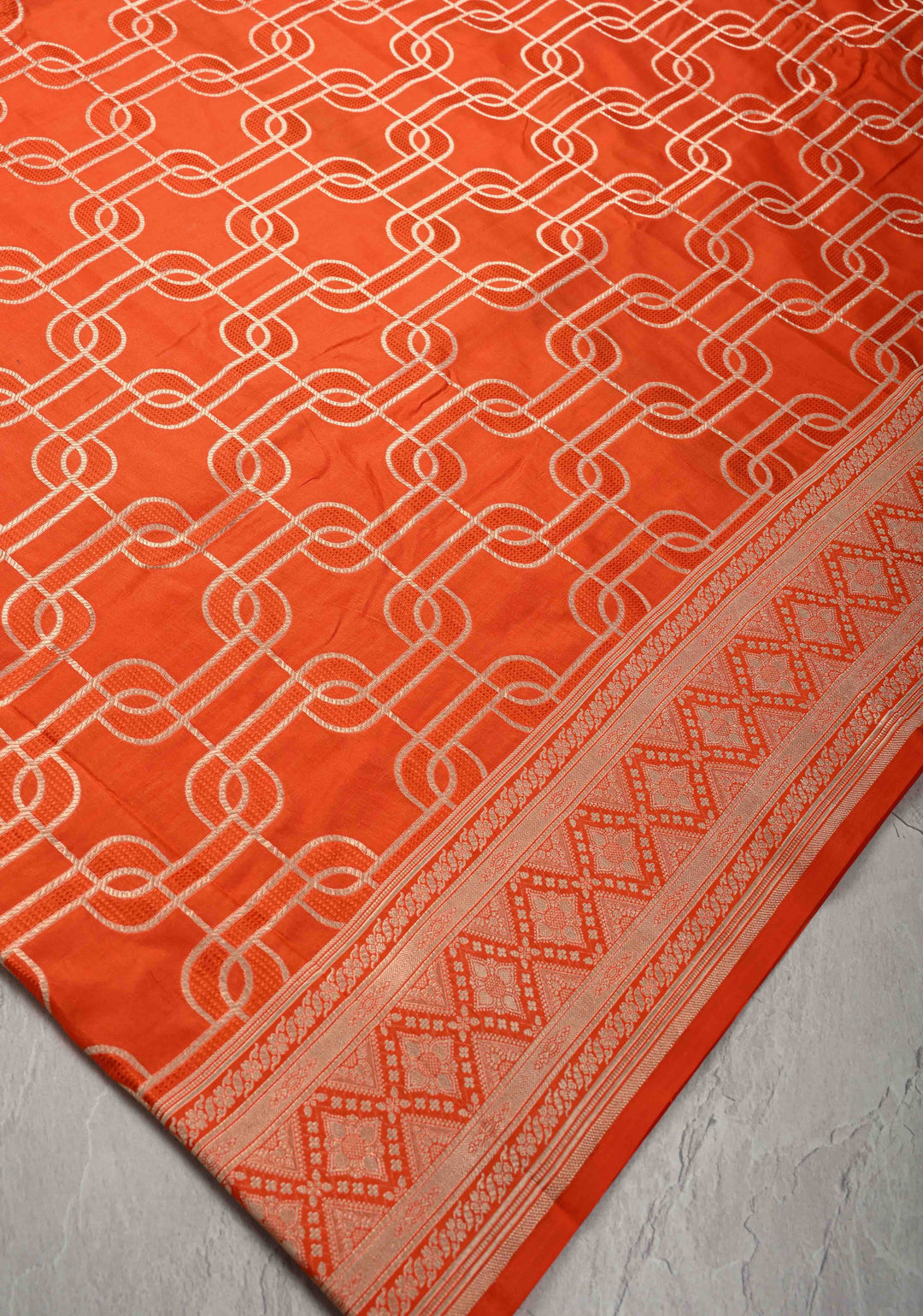 Orange Banarasi Katan Silk Saree with Trellis Brocade and Zari Borders | SILK MARK CERTIFIED