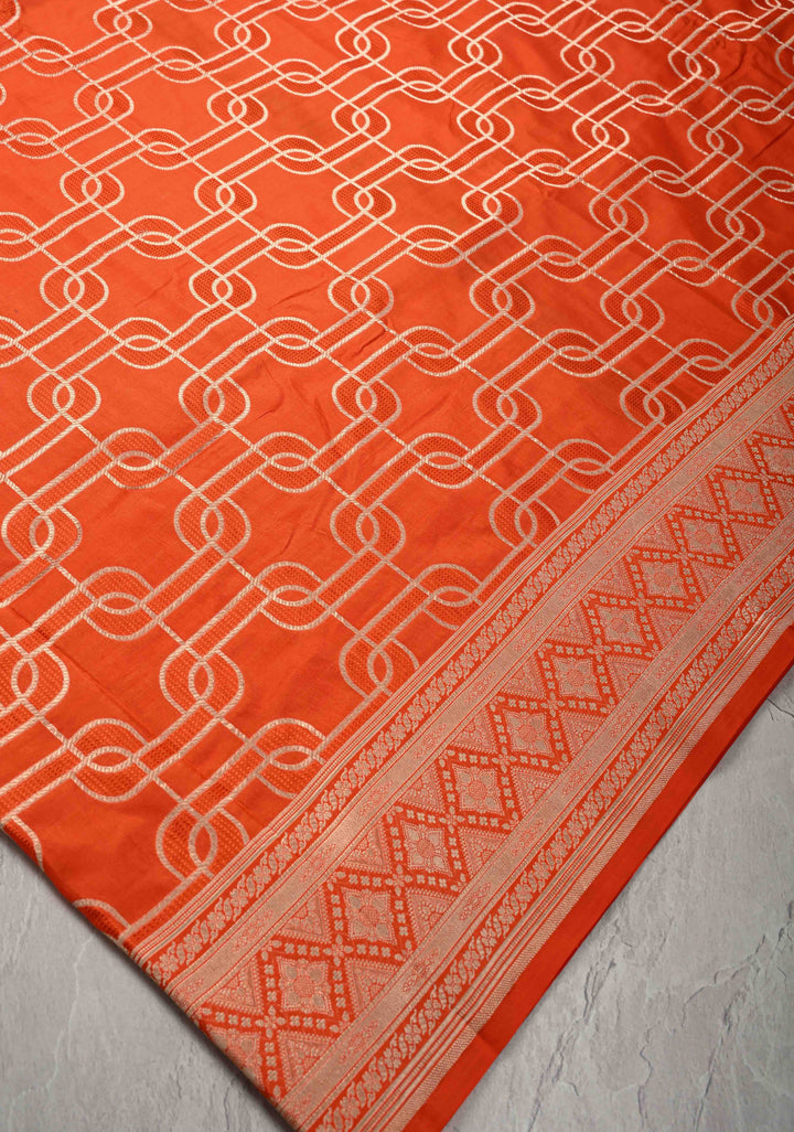 Orange Banarasi Katan Silk Saree with Trellis Brocade and Zari Borders | SILK MARK CERTIFIED