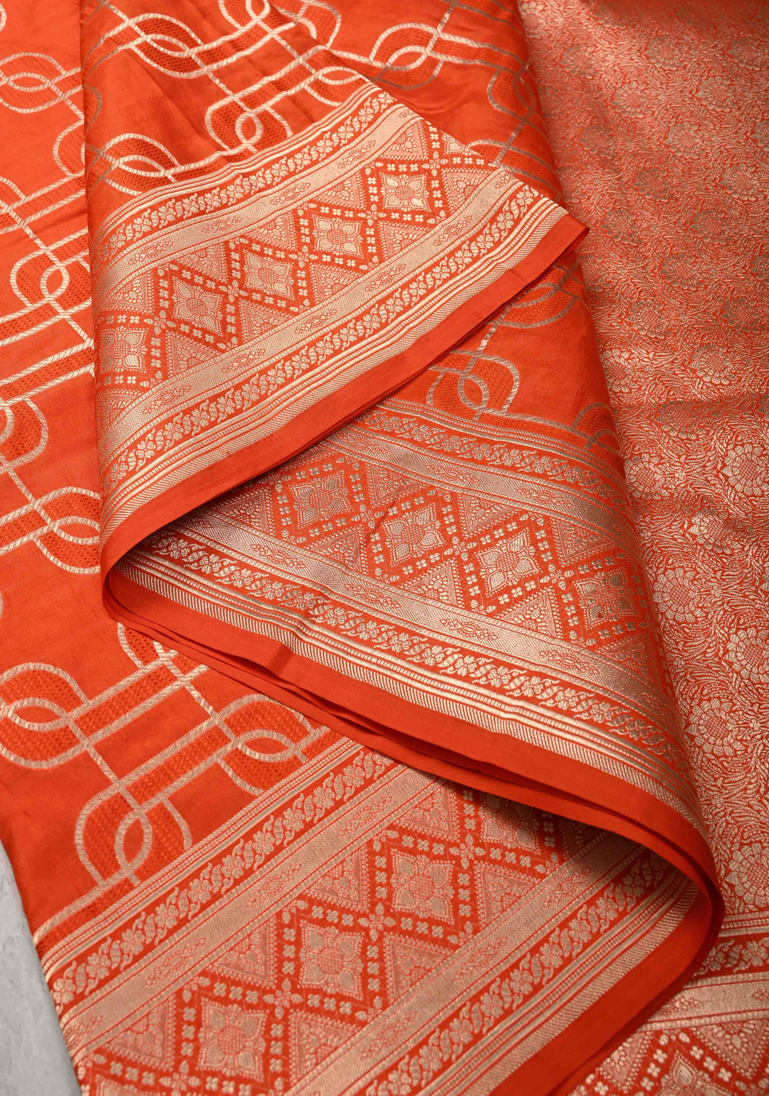 Orange Banarasi Katan Silk Saree with Trellis Brocade and Zari Borders | SILK MARK CERTIFIED