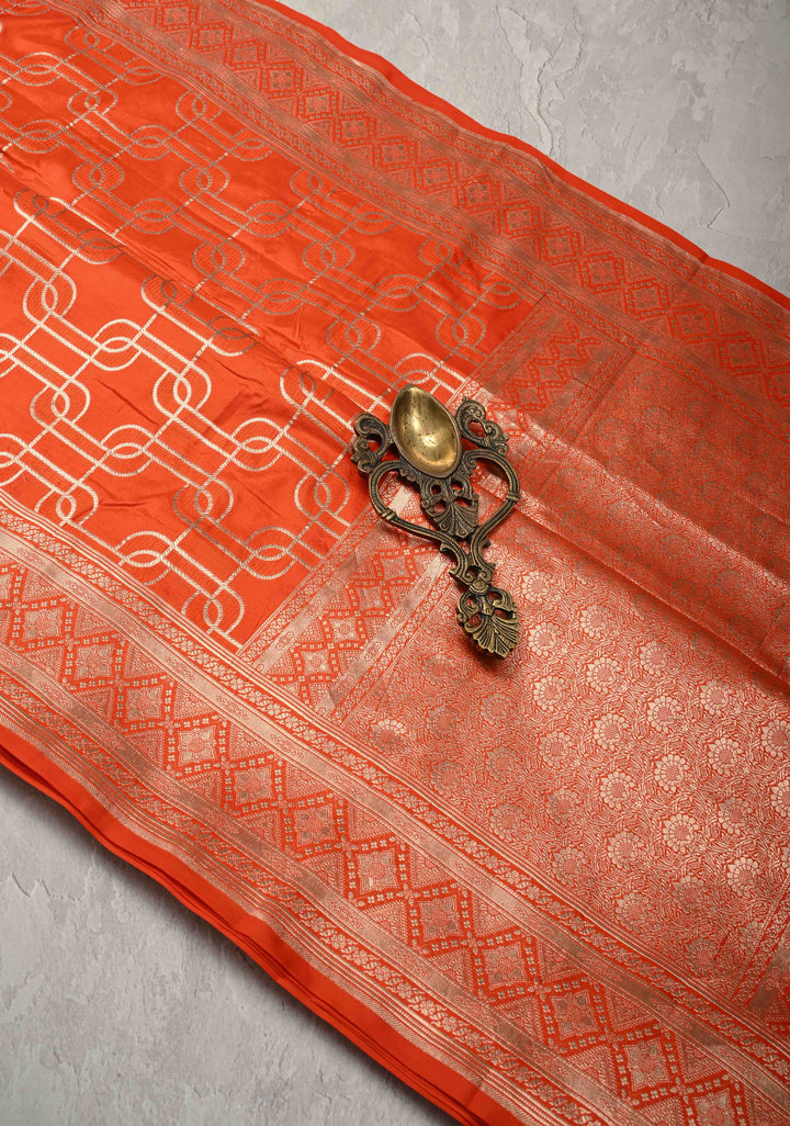 Orange Banarasi Katan Silk Saree with Trellis Brocade and Zari Borders | SILK MARK CERTIFIED
