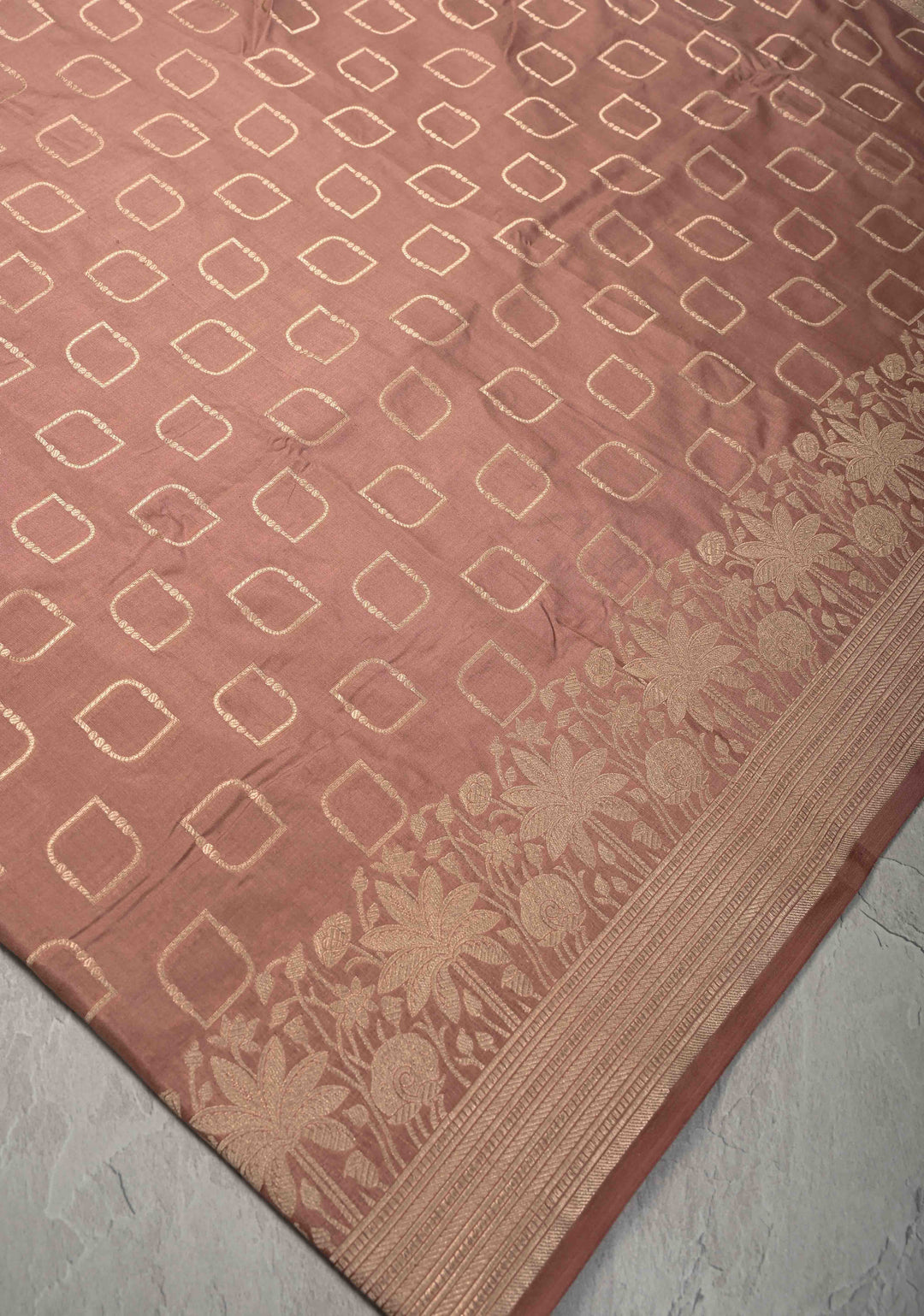 Dusty peach Banarasi Pure Katan Silk Saree with Geometric Buttas and Floral Zari Borders | SILK MARK CERTIFIED