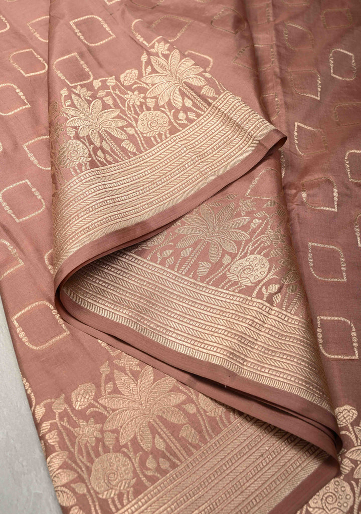 Dusty peach Banarasi Pure Katan Silk Saree with Geometric Buttas and Floral Zari Borders | SILK MARK CERTIFIED
