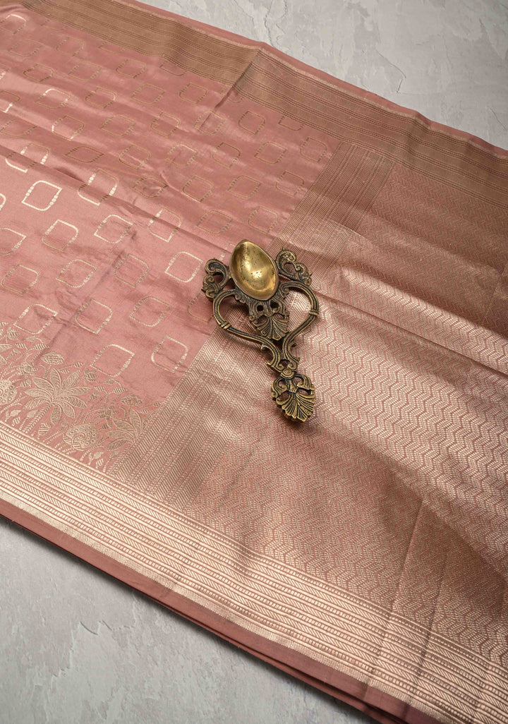 Dusty peach Banarasi Pure Katan Silk Saree with Geometric Buttas and Floral Zari Borders | SILK MARK CERTIFIED