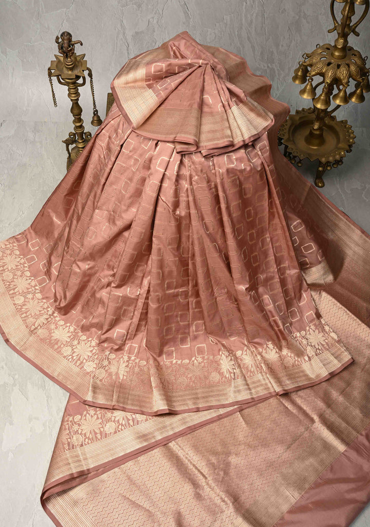 Dusty peach Banarasi Pure Katan Silk Saree with Geometric Buttas and Floral Zari Borders | SILK MARK CERTIFIED