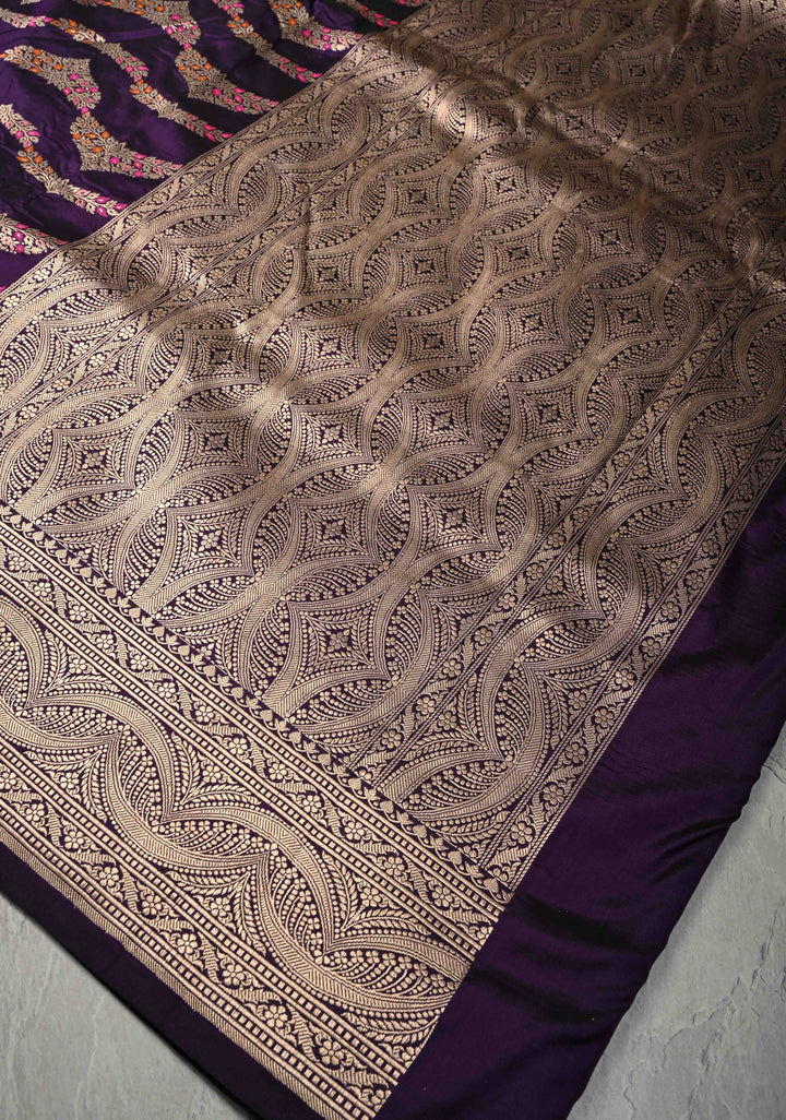 Plum  Exquisite Banarasi Silk Saree with Meenakari Leheria Jaal with Scallop Zari border | SILK MARK CERTIFIED (Copy)