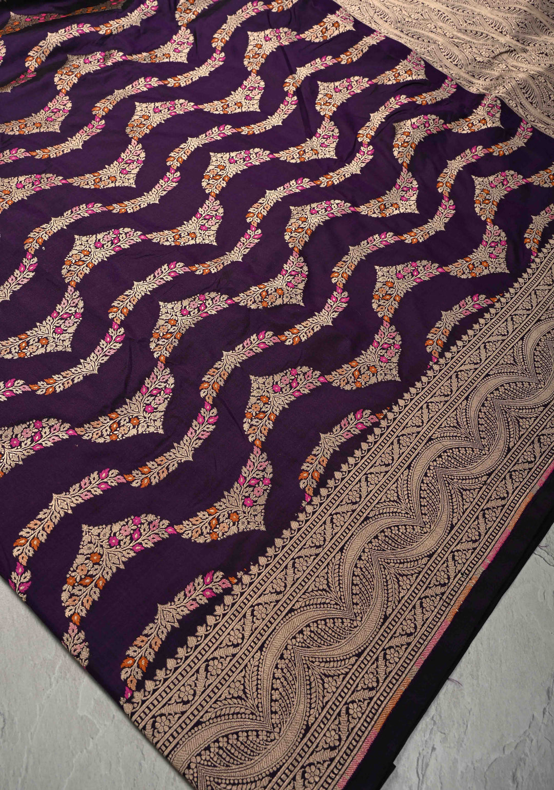 Plum  Exquisite Banarasi Silk Saree with Meenakari Leheria Jaal with Scallop Zari border | SILK MARK CERTIFIED (Copy)