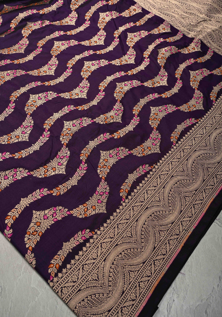 Plum  Exquisite Banarasi Silk Saree with Meenakari Leheria Jaal with Scallop Zari border | SILK MARK CERTIFIED (Copy)