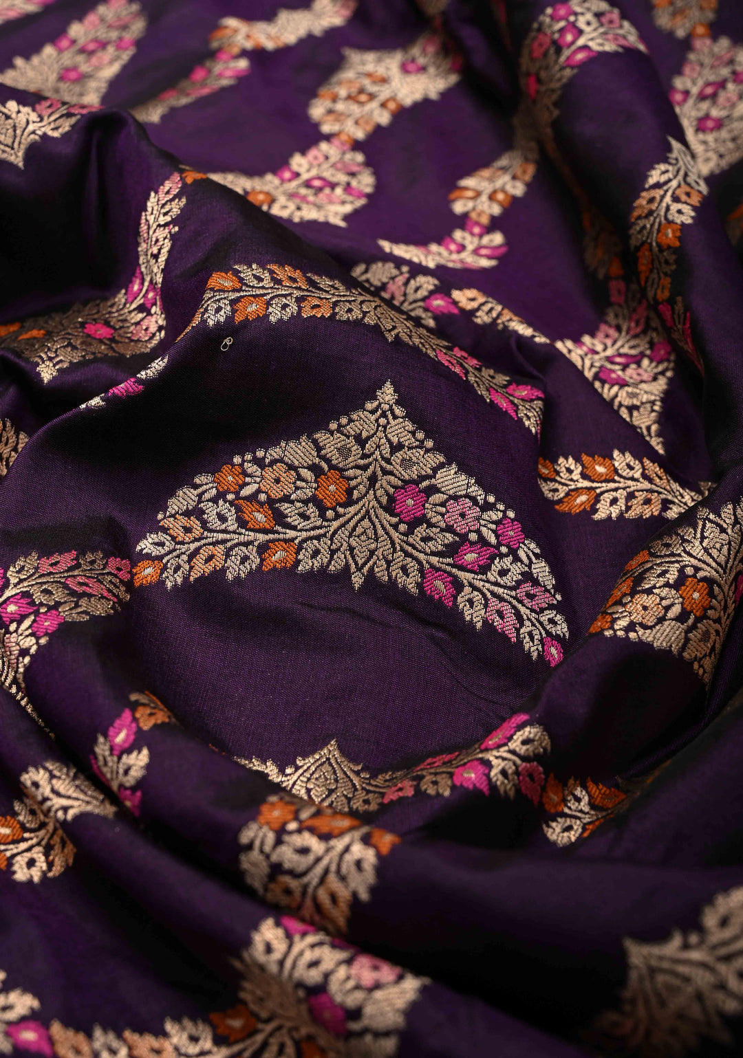 Plum  Exquisite Banarasi Silk Saree with Meenakari Leheria Jaal with Scallop Zari border | SILK MARK CERTIFIED (Copy)