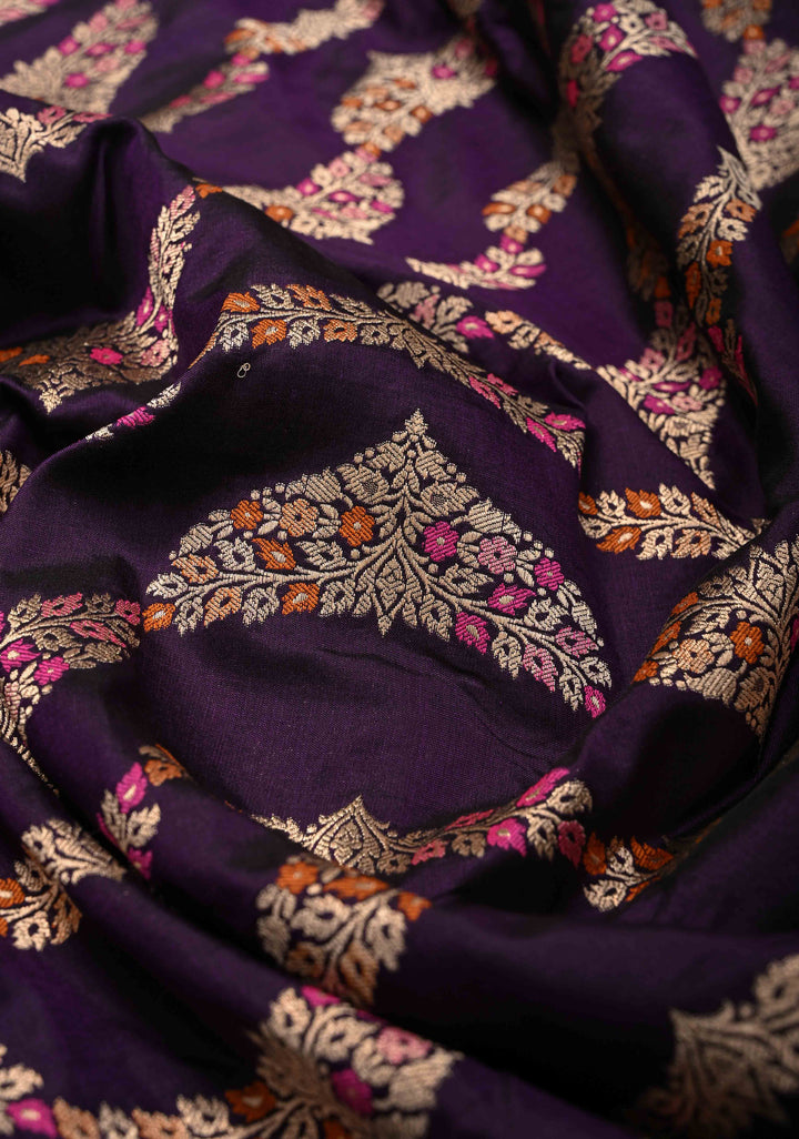 Plum  Exquisite Banarasi Silk Saree with Meenakari Leheria Jaal with Scallop Zari border | SILK MARK CERTIFIED (Copy)