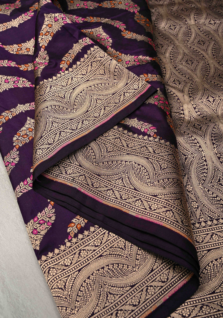 Plum  Exquisite Banarasi Silk Saree with Meenakari Leheria Jaal with Scallop Zari border | SILK MARK CERTIFIED (Copy)