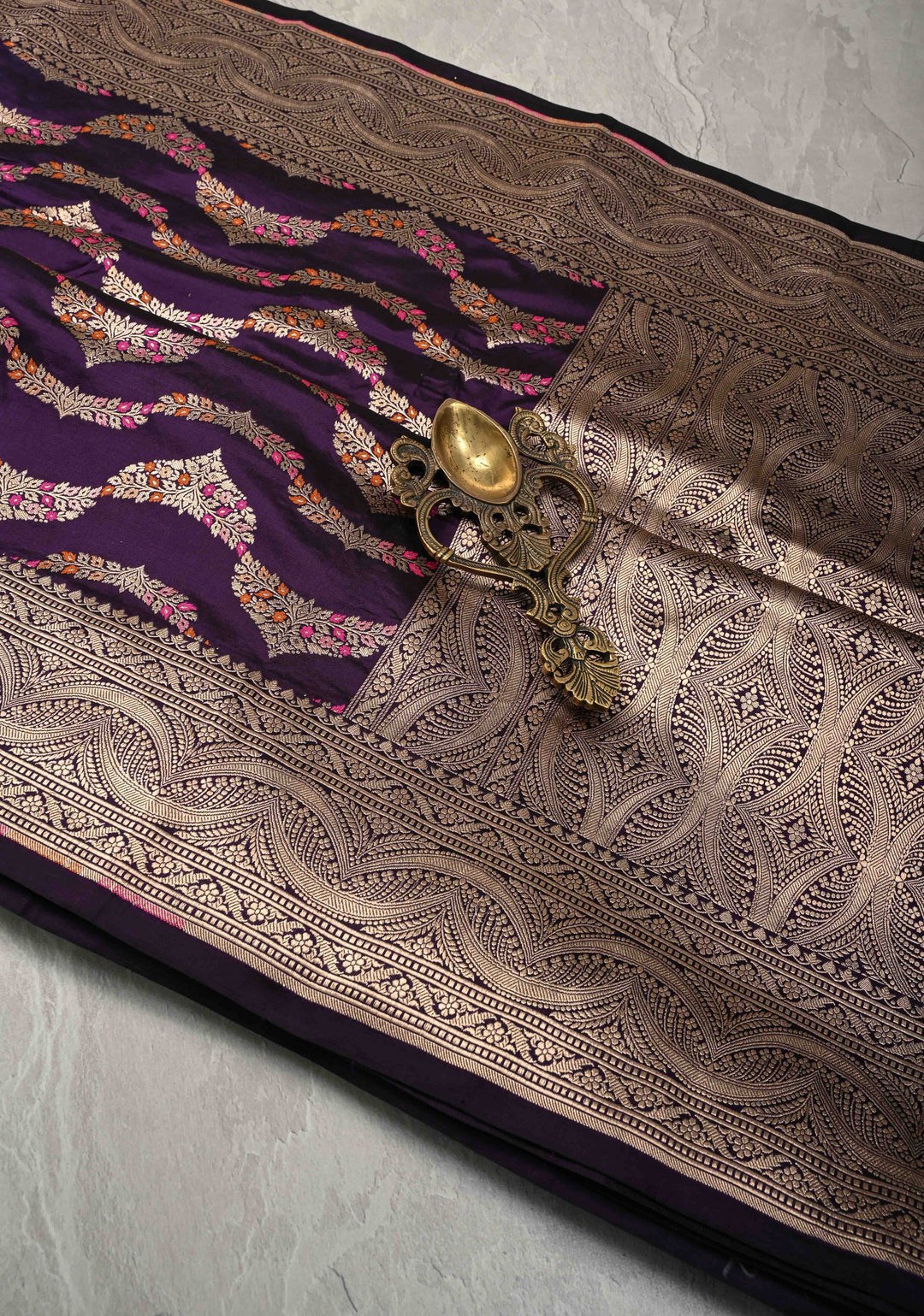 Plum  Exquisite Banarasi Silk Saree with Meenakari Leheria Jaal with Scallop Zari border | SILK MARK CERTIFIED (Copy)
