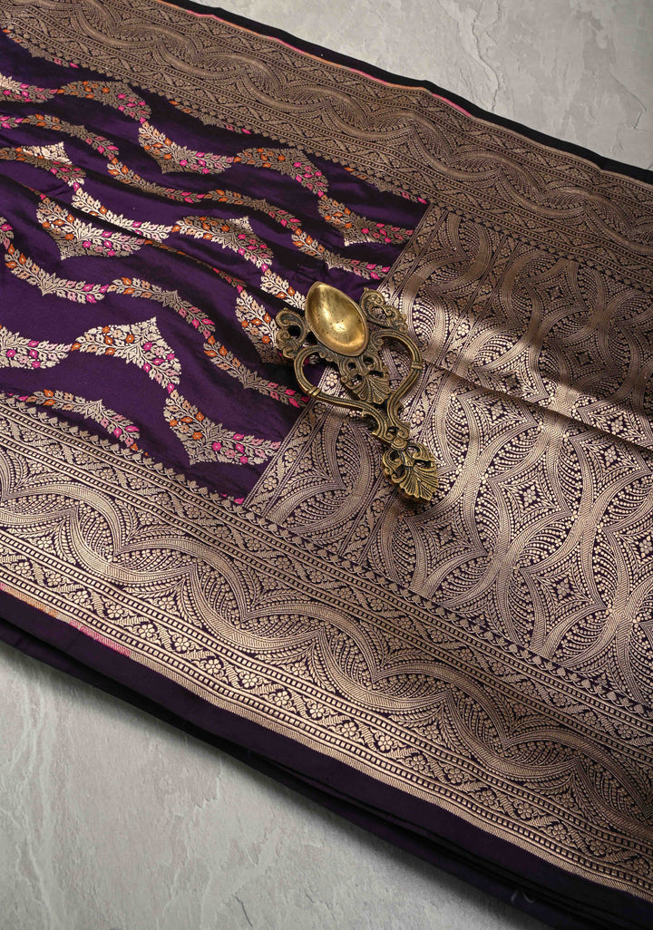 Plum  Exquisite Banarasi Silk Saree with Meenakari Leheria Jaal with Scallop Zari border | SILK MARK CERTIFIED (Copy)